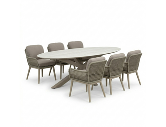 Calma Marble Latte/Mila beige low dining tuinset | 6 personen | sintered stone + touw | 240cm ovaal