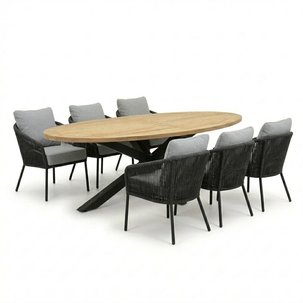 Cleve antraciet/Mara Stone Grey low dining tuinset | 6 personen | sintered stone + touw | 240cm