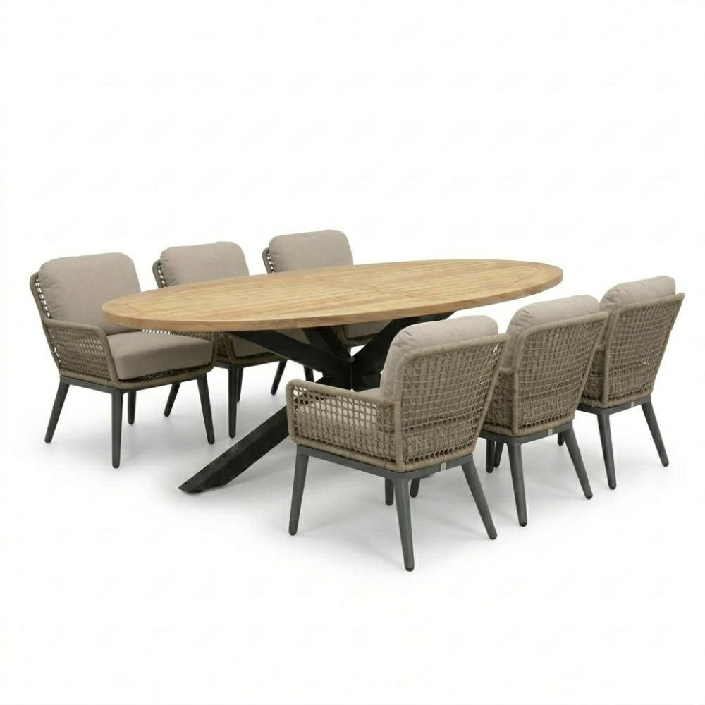 Cleve antraciet/Mila beige/antraciet low dining tuinset | 6 personen | sintered stone + touw | 240cm