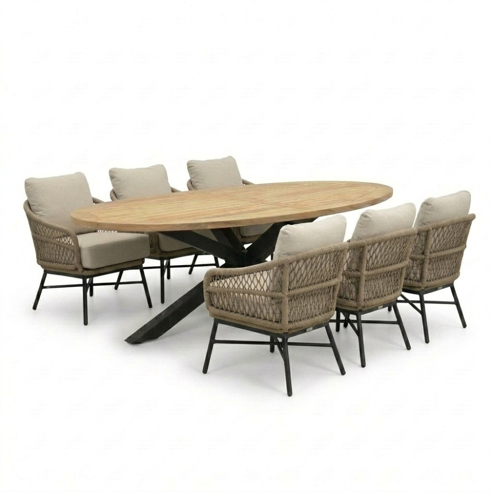 Cleve antraciet/Ventura Sahara Dust low dining tuinset | 6 personen | sintered stone + touw | 240cm