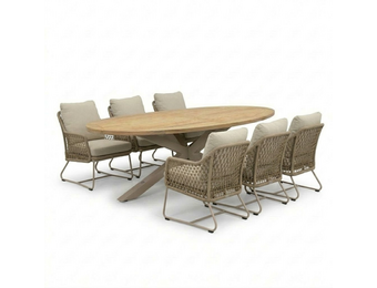 Cleve beige/Gianna Sandstone low dining tuinset | 6 personen | teakhout + touw | 240cm ovaal