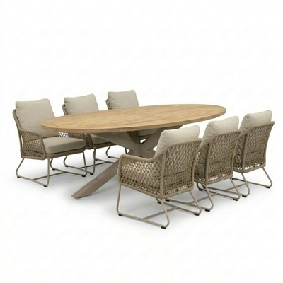 Cleve beige/Gianna Sandstone low dining tuinset | 6 personen | teakhout + touw | 240cm ovaal