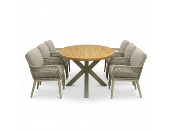 Cleve beige/Mila beige low dining tuinset | 6 personen | teakhout + touw | 240cm ovaal