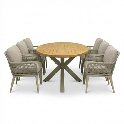 Cleve beige/Mila beige low dining tuinset | 6 personen | teakhout + touw | 240cm ovaal