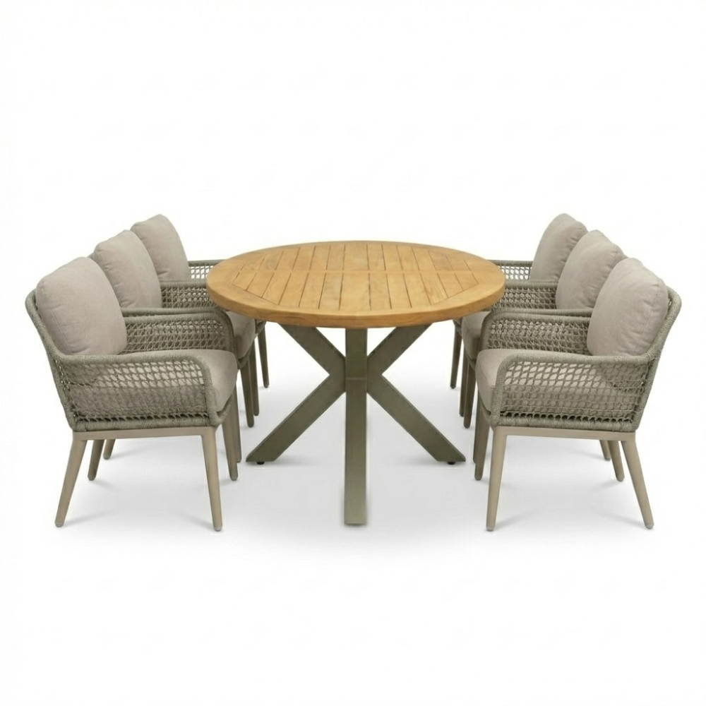 Cleve beige/Mila beige low dining tuinset | 6 personen | teakhout + touw | 240cm ovaal