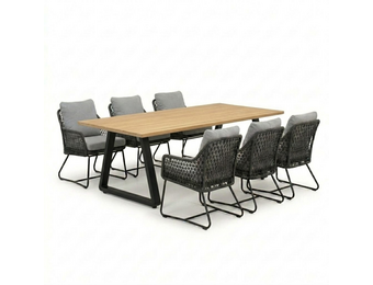 Elena/Gianna Stone Grey low dining tuinset | 6 personen | teakhout + touw | 240cm