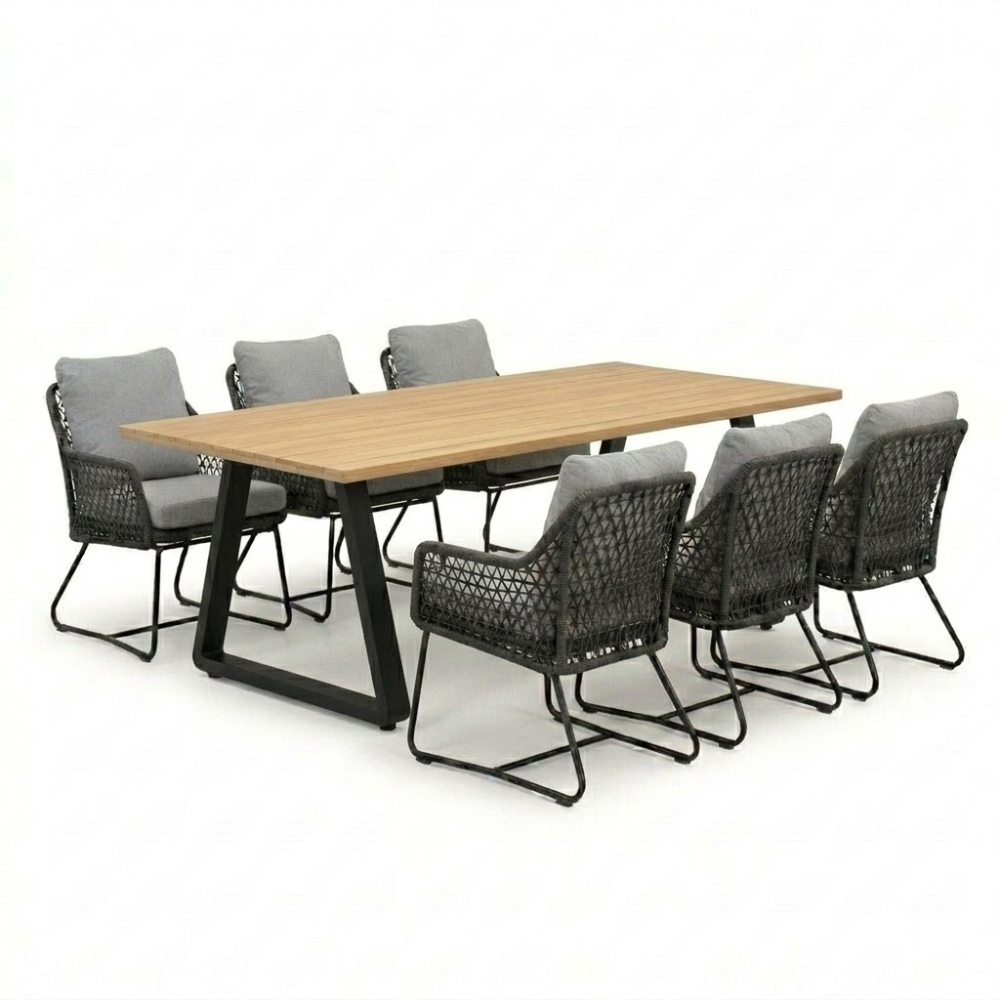 Elena/Gianna Stone Grey low dining tuinset | 6 personen | teakhout + touw | 240cm