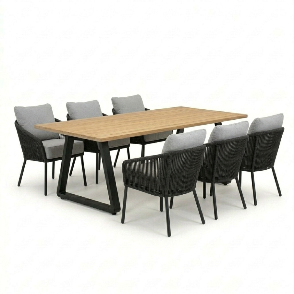 Elena/Mara Sahara Dust low dining tuinset | 6 personen | teakhout + touw | 240cm