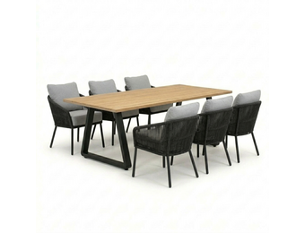 Elena/Mara Stone Grey low dining tuinset | 6 personen | teakhout + touw | 240cm