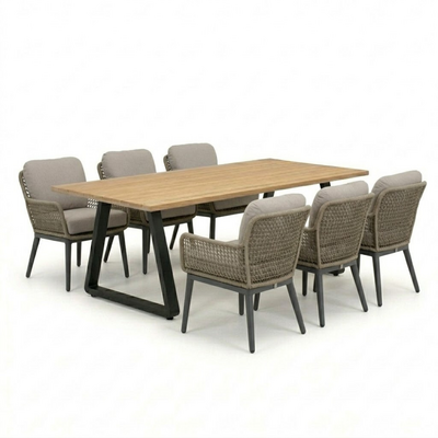 Elena/Mila beige/antraciet low dining tuinset | 6 personen | teakhout + touw | 240cm