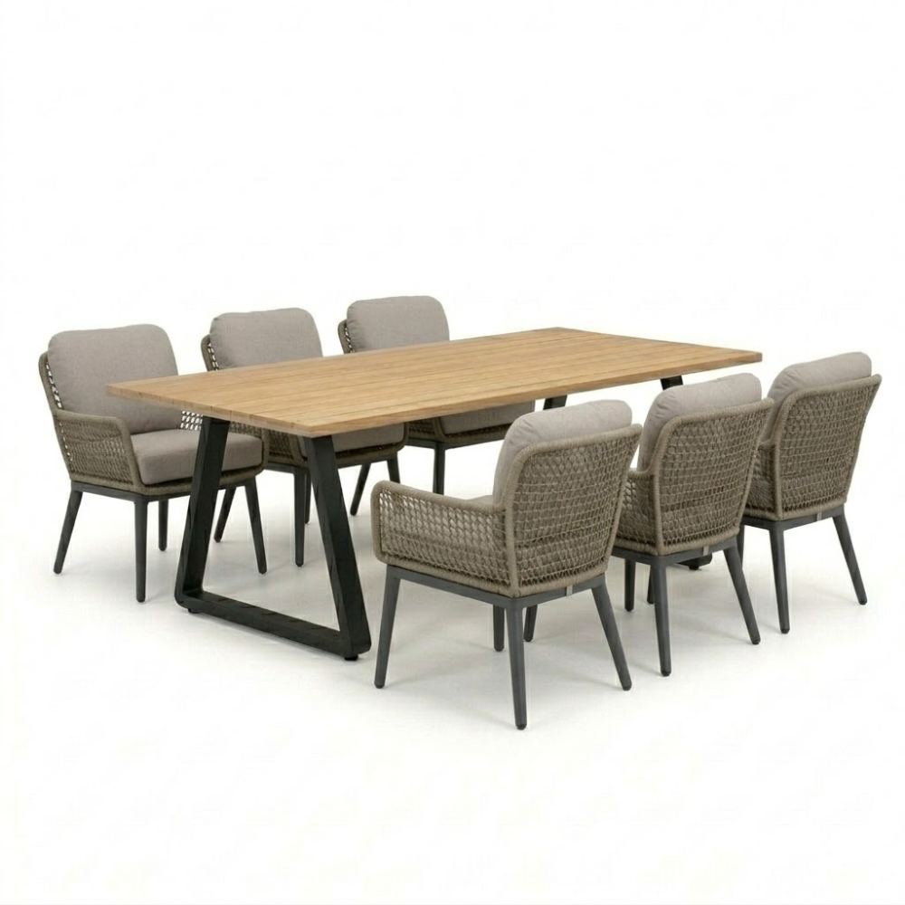 Elena/Mila beige/antraciet low dining tuinset | 6 personen | teakhout + touw | 240cm