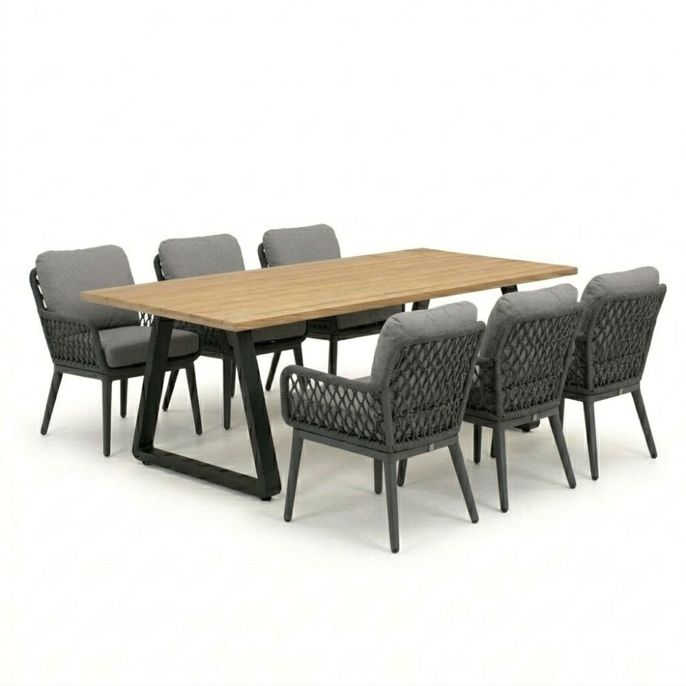 Elena/Ventura Sahara Dust low dining tuinset | 6 personen | teakhout + touw | 240cm