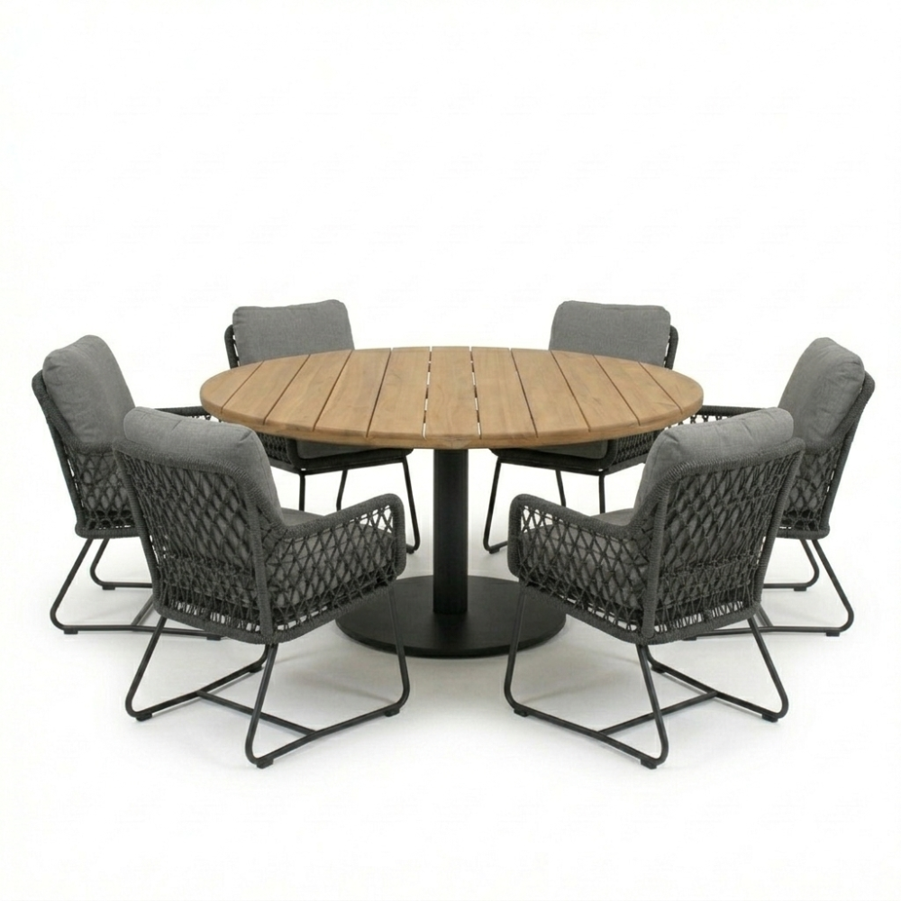 Salora antraciet/Gianna Stone Grey low dining tuinset | 6 personen | teakhout + touw | 150cm