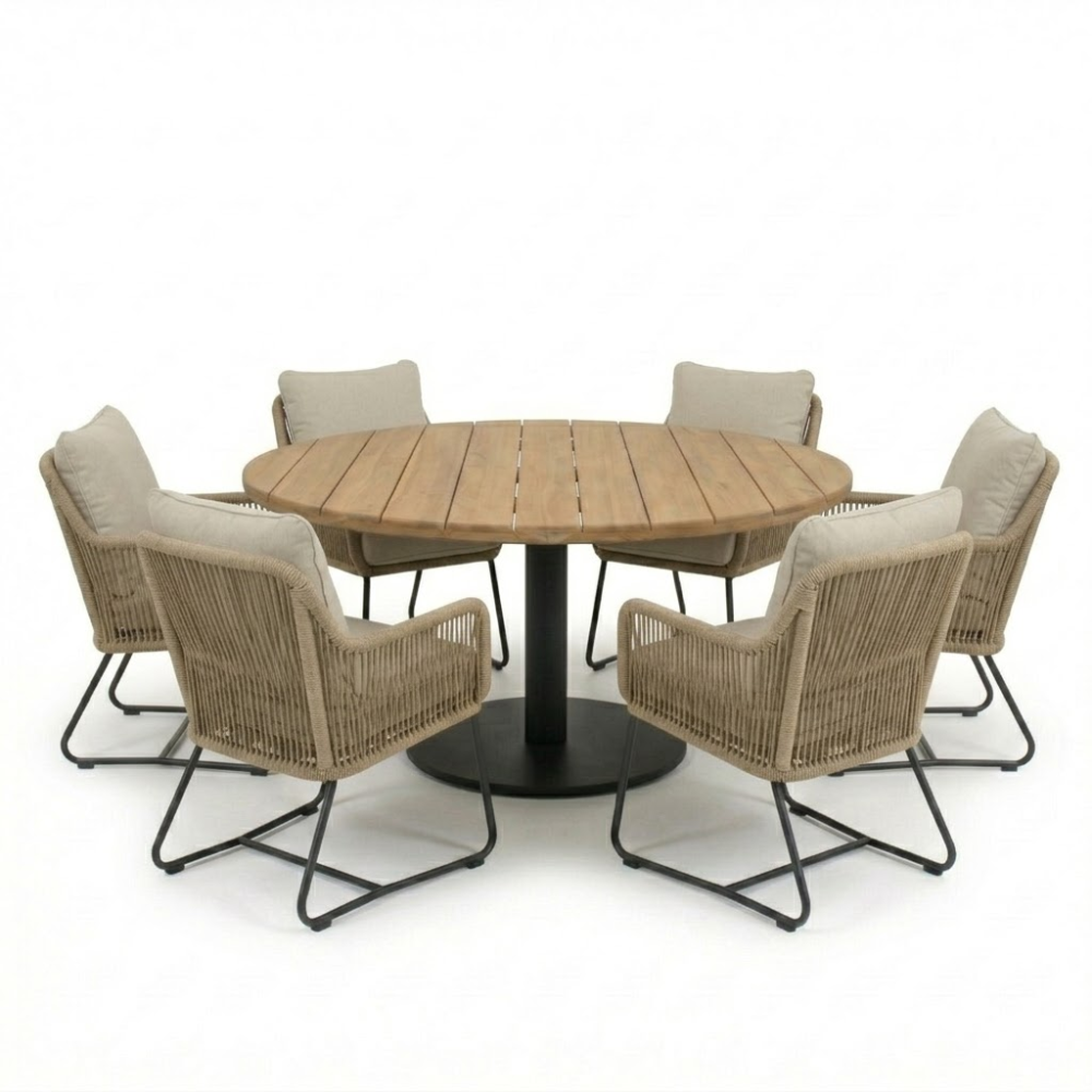 Salora antraciet/Mara Sahara Dust low dining tuinset | 6 personen | teakhout + touw | 150cm