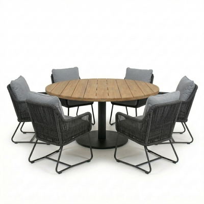 Salora antraciet/Mara Stone Grey low dining tuinset | 6 personen | teakhout + touw | 150cm