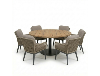 Salora antraciet/Mila beige/antraciet low dining tuinset | 6 personen | teakhout + touw | 150cm