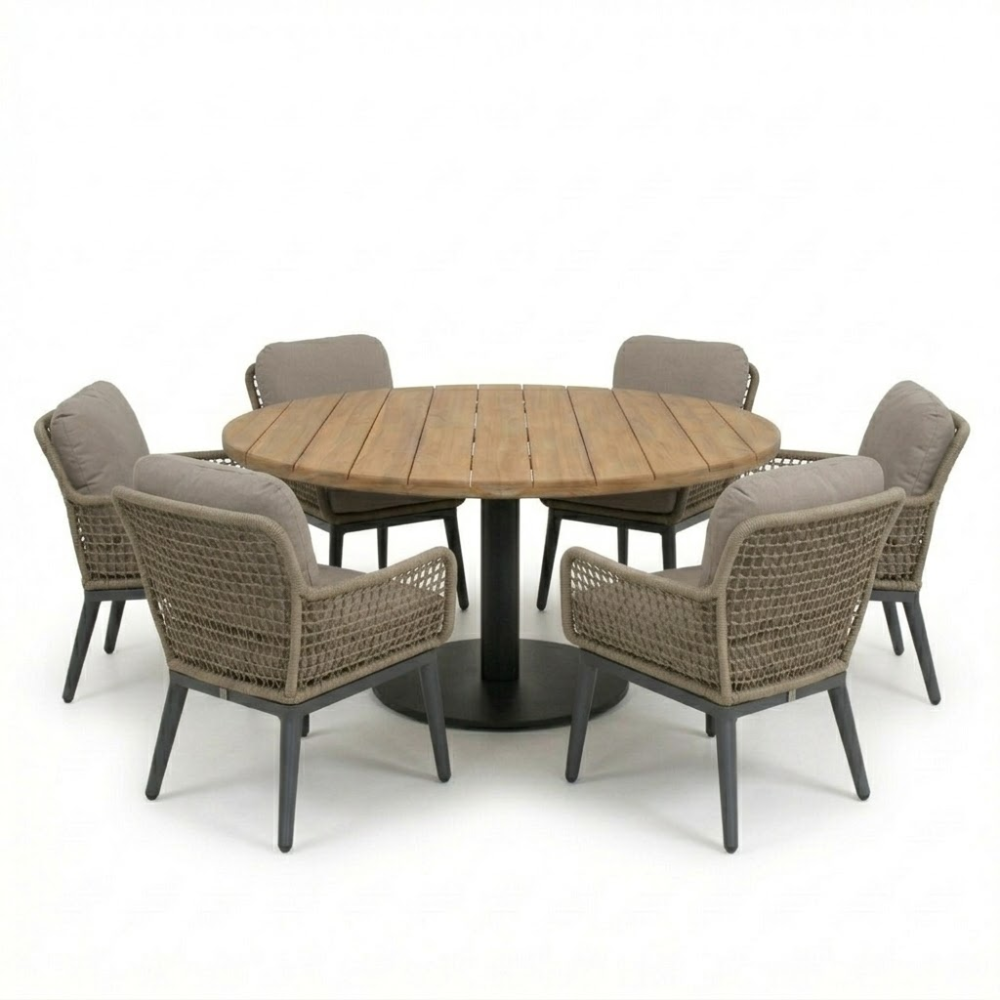 LUX outdoor living Salora antraciet/Mila beige/antraciet low dining tuinset | 6 personen | teakhout + touw | 150cm