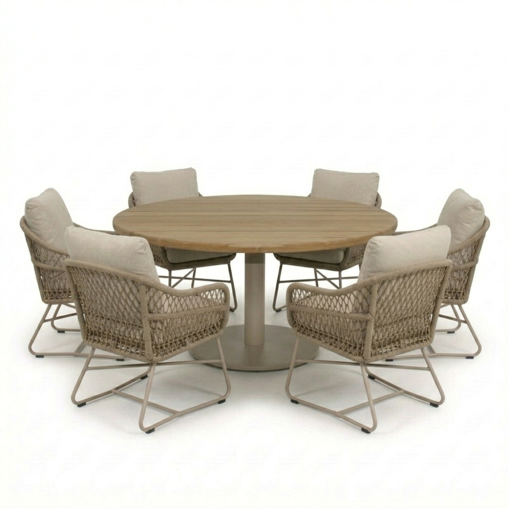 LUX outdoor living Salora beige/Gianna Sandstone low dining tuinset | 6 personen | teakhout + touw | 150cm