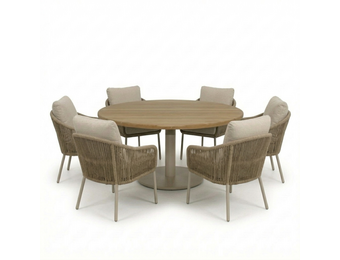 Salora beige/Mara Sandstone low dining tuinset | 6 personen | teakhout + touw | 150cm