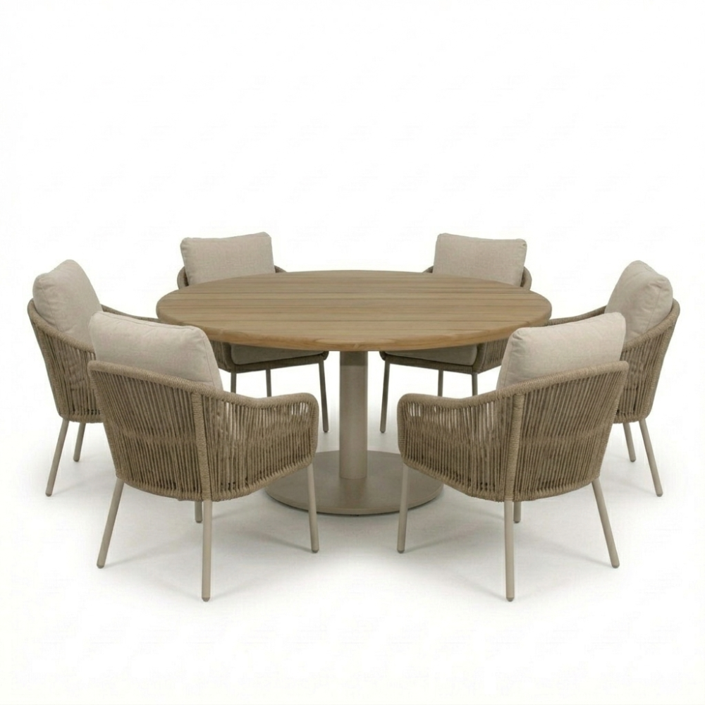 Salora beige/Mara Sandstone low dining tuinset | 6 personen | teakhout + touw | 150cm