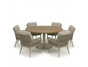 Salora beige/Mila beige low dining tuinset | 6 personen | teakhout + touw | 150cm