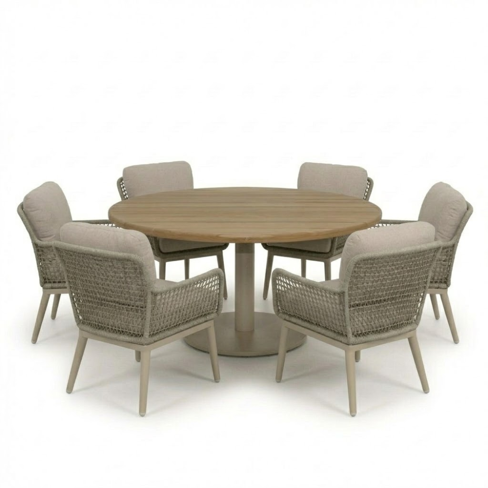 Salora beige/Mila beige low dining tuinset | 6 personen | teakhout + touw | 150cm