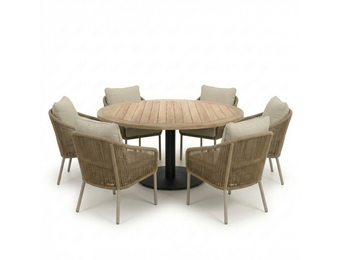 Ventura antraciet/Mara Sahara Dust low dining tuinset | 6 personen | teakhout + touw | 150cm rond