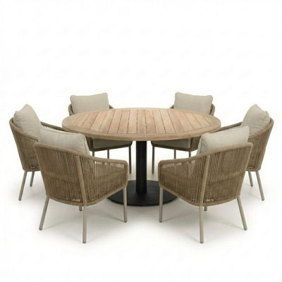 Ventura antraciet/Mara Sahara Dust low dining tuinset | 6 personen | teakhout + touw | 150cm rond