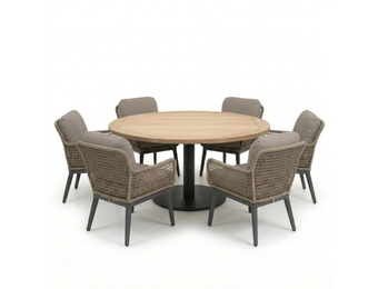 Ventura antraciet/Mila beige/antraciet low dining tuinset | 6 personen | teakhout + touw | 150cm