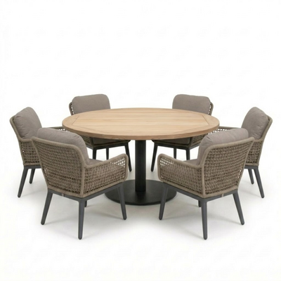Ventura antraciet/Mila beige/antraciet low dining tuinset | 6 personen | teakhout + touw | 150cm