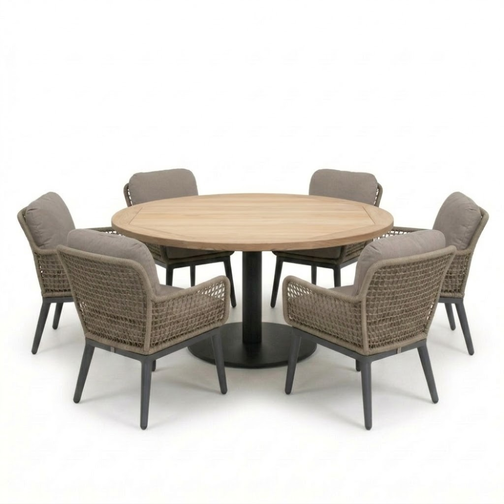 Ventura antraciet/Mila beige/antraciet low dining tuinset | 6 personen | teakhout + touw | 150cm