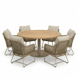 Ventura beige/Gianna Sandstone low dining tuinset | 6 personen | teakhout +  touw | 150cm rond
