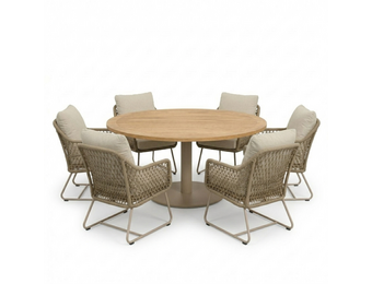 Ventura beige/Gianna Sandstone low dining tuinset | 6 personen | teakhout +  touw | 150cm rond