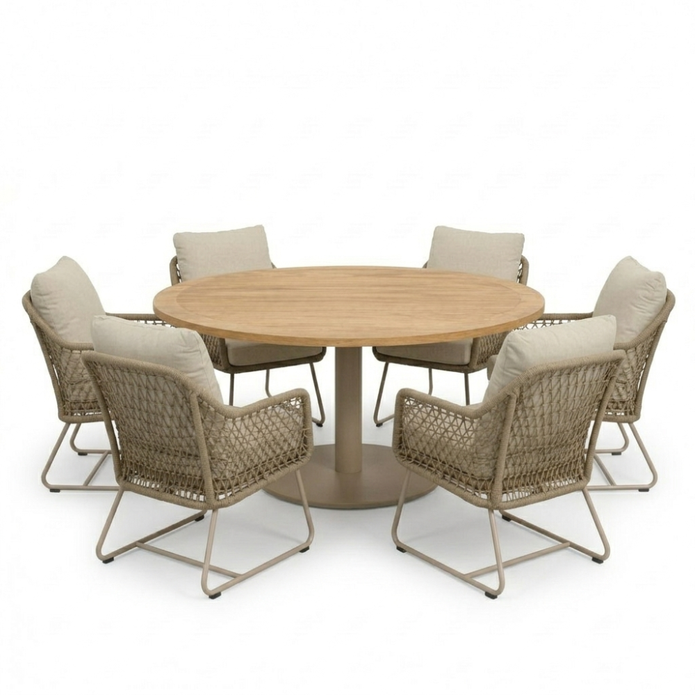 Ventura beige/Gianna Sandstone low dining tuinset | 6 personen | teakhout +  touw | 150cm rond