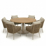 Ventura beige/Mara Sandstone low dining tuinset | 6 personen | teakhout + touw | 160cm rond