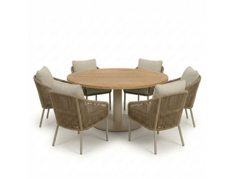 Ventura beige/Mara Sandstone low dining tuinset | 6 personen | teakhout + touw | 160cm rond
