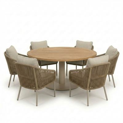 Ventura beige/Mara Sandstone low dining tuinset | 6 personen | teakhout + touw | 160cm rond