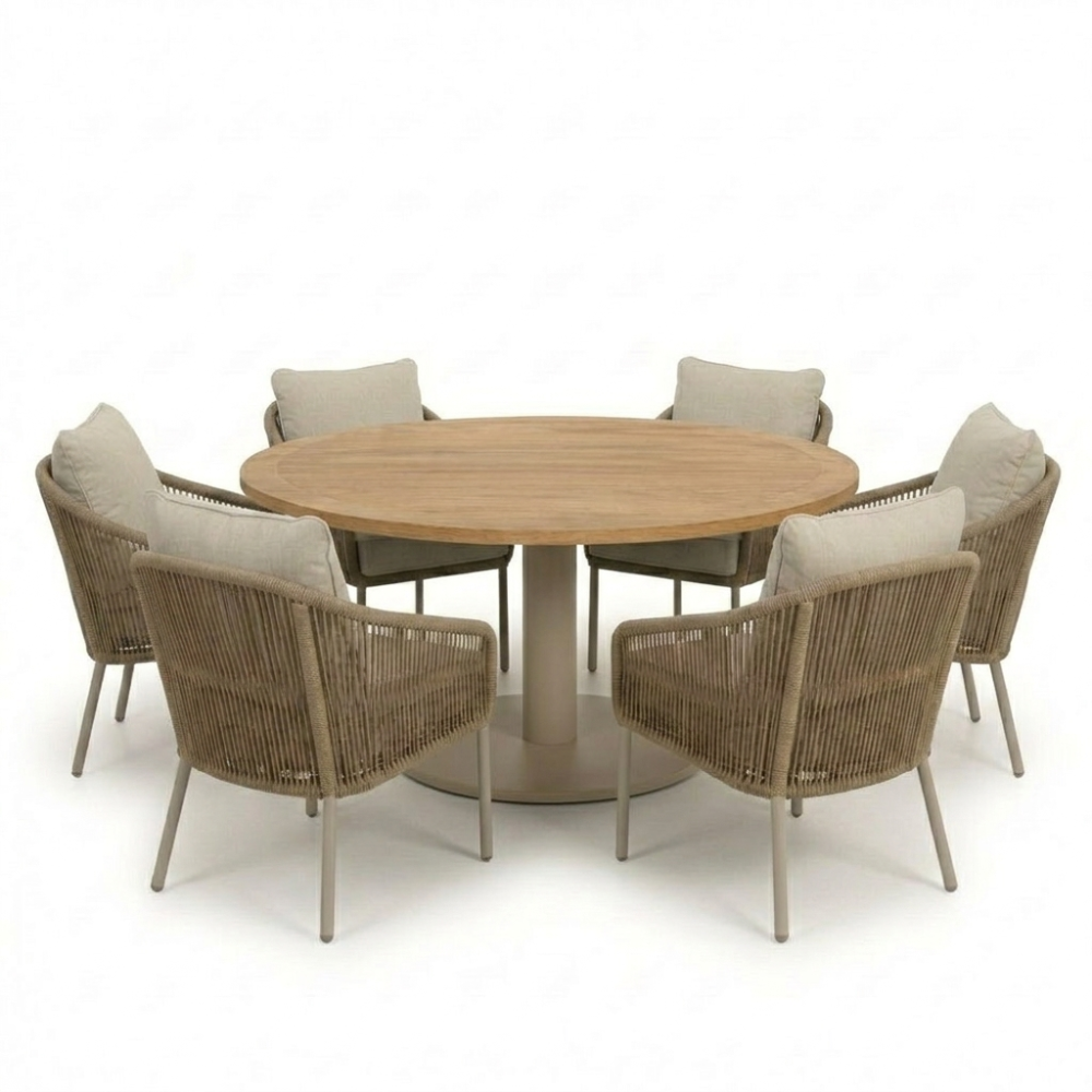 Ventura beige/Mara Sandstone low dining tuinset | 6 personen | teakhout + touw | 160cm rond