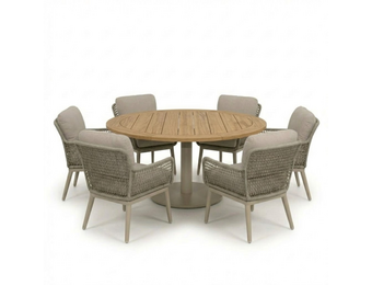 Ventura beige/Mila beige low dining tuinset | 6 personen | teakhout + touw | 150cm rond