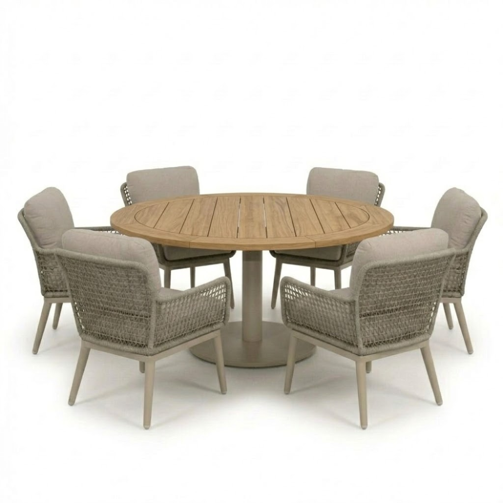 LUX outdoor living Ventura beige/Mila beige low dining tuinset | 6 personen | teakhout + touw | 160cm rond