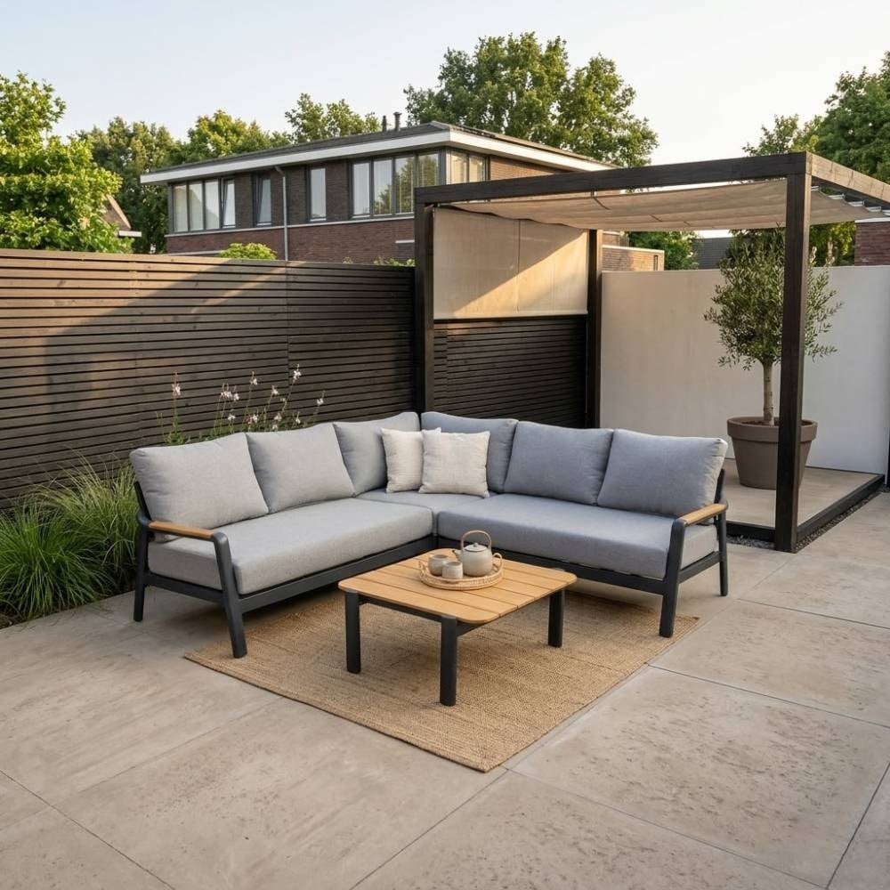 Marbella hoek loungeset antraciet 5 personen | aluminium + teak | antraciet | 4-delig - 222x222cm