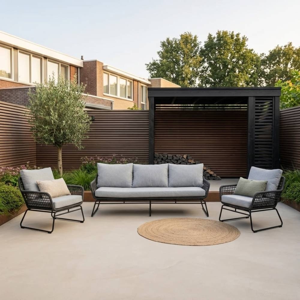 Valencia stoel-bank loungeset 5 personen | touw + aluminium | Stone Grey | 3-delig