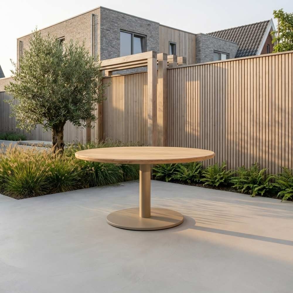 Salora low dining tuintafel 6 personen | teak + aluminium | beige | 150cm rond