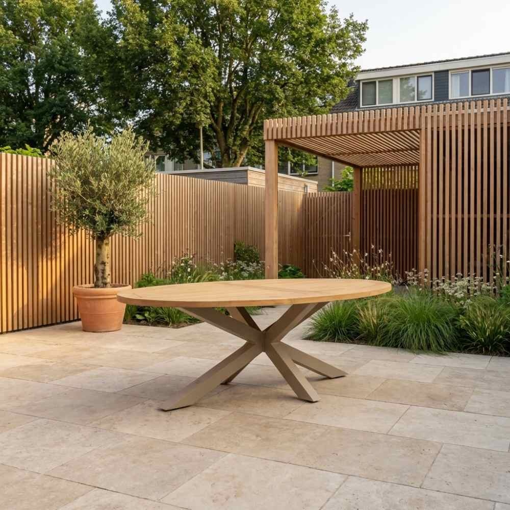 Cleve low dining tuintafel 6 personen | teakhout + aluminium | Natural Teak/beige | 240cm ovaal