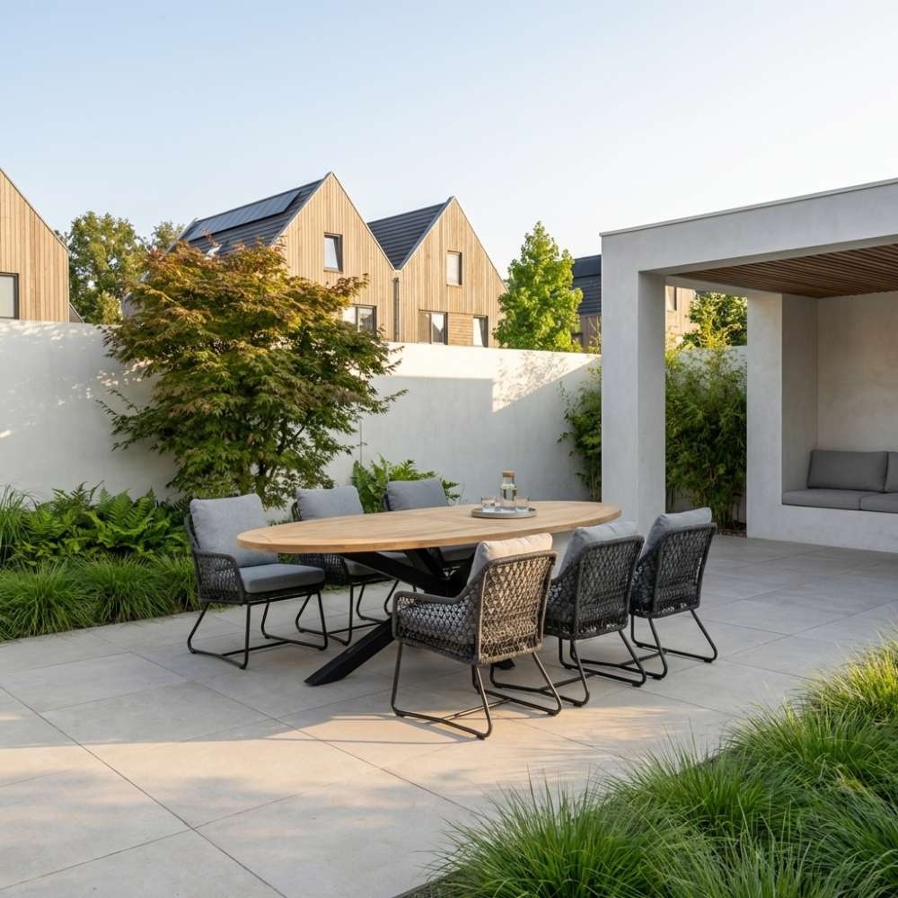 Cleve antraciet/Gianna Stone Grey low dining tuinset | 6 personen | sintered stone + touw | 240cm