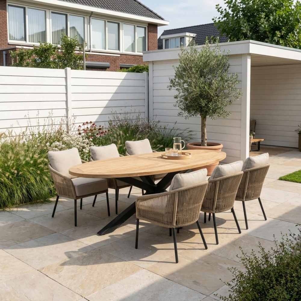 Cleve antraciet/Mara Sahara Dust low dining tuinset | 6 personen | sintered stone + touw | 240cm