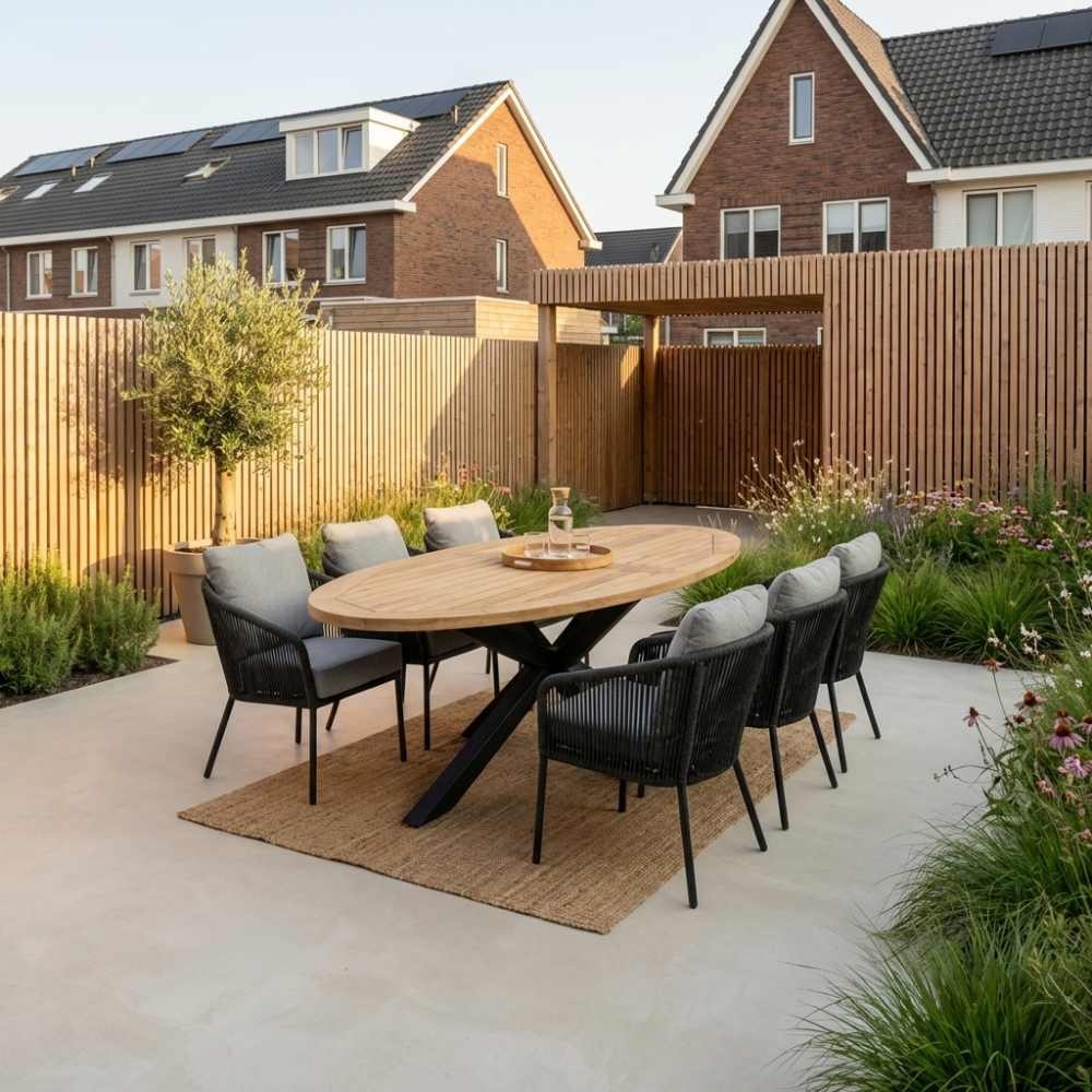 Cleve antraciet/Mara Stone Grey low dining tuinset | 6 personen | sintered stone + touw | 240cm