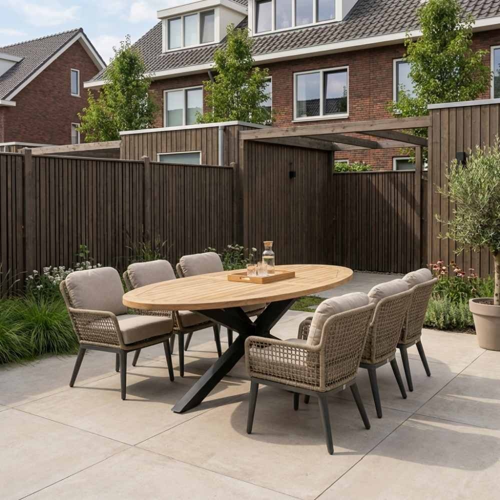 Cleve antraciet/Mila beige/antraciet low dining tuinset | 6 personen | sintered stone + touw | 240cm