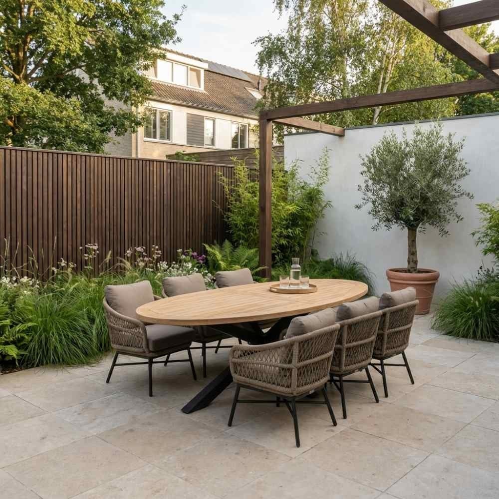 Cleve antraciet/Ventura Sahara Dust low dining tuinset | 6 personen | sintered stone + touw | 240cm