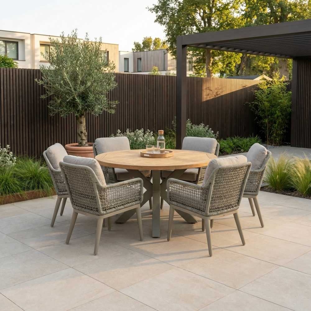 Cleve beige/Mila beige low dining tuinset | 6 personen | teakhout + touw | 240cm ovaal